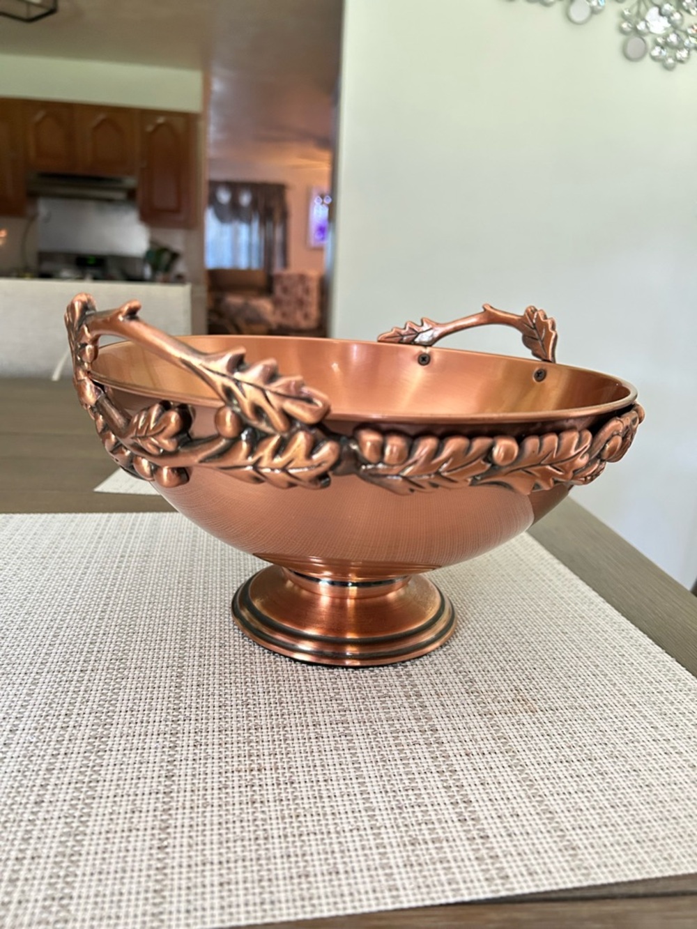 Vtg Copper Decorative Footed Bowl with Leaf Handles